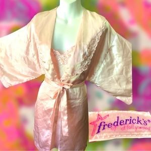 Vintage FREDERICKS OF HOLLYWOOD pink embroidered floral with robe & nightgown